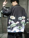 Men's Open Front Crane Flower Lotus Leaf Printed Shirts