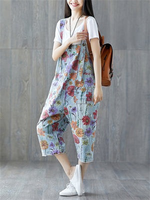 Women's Floral Printed Summer Denim Jumpsuit