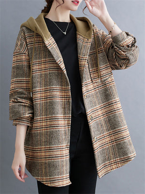 Women's Trendy Hooded Button Up Plaid Jacket