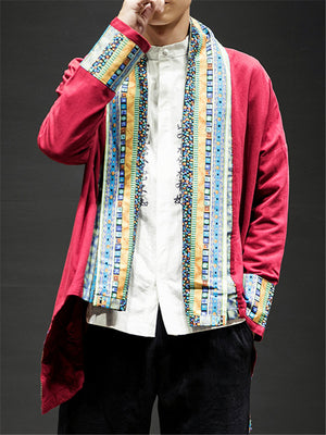 Men's Contrast Color Japanese Style Linen Tops