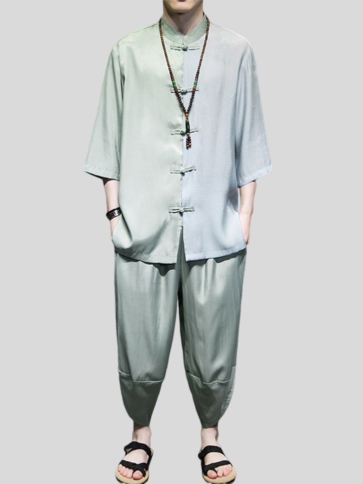 Men's Trendy Satin Color Matching Two Pieces Outfits