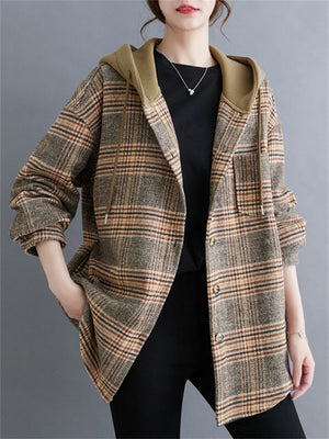 Women's Trendy Hooded Button Up Plaid Jacket