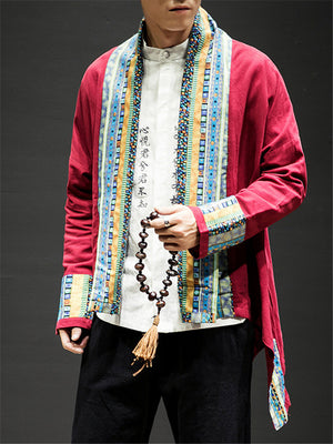 Men's Contrast Color Japanese Style Linen Tops