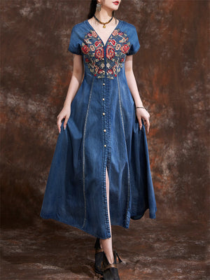 Women's Summer Ethnic Style V-neck Embroidered Denim Dresses