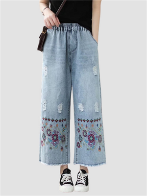 Casual Wide-leg Pants Embroidery Jeans