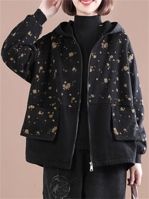 Black Hooded Printed Thicken Ladies Jackets