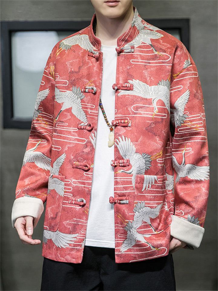 Oriental Style Men's Trendy Crane Print Button Jackets