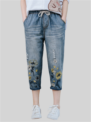 Casual Cropped Pants Elastic-waist Jeans