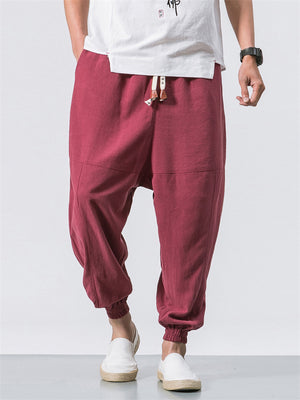 Men's Japanese Streetwear Drawstring Waist Linen Pants
