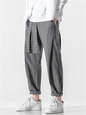 Casual Stripe Pants With Belt And Pockets