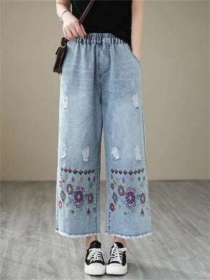 Casual Wide-leg Pants Embroidery Jeans