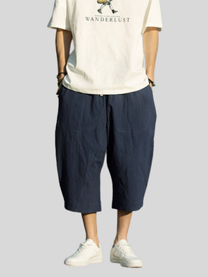 Summer Cotton Linen Male Solid Color Cropped Pants