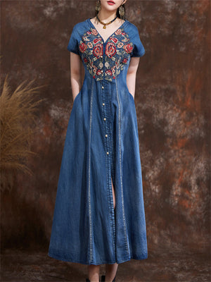 Women's Summer Ethnic Style V-neck Embroidered Denim Dresses