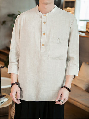 3/4 Sleeve Simple Cotton Linen Men's Shirts