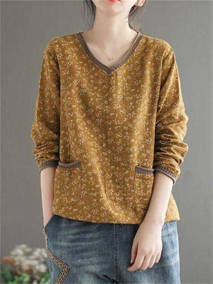 Retro Floral Printed V-Neck Pullover T-Shirts