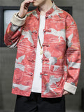 Oriental Style Men's Trendy Crane Print Button Jackets