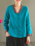 Cotton Linen Long Sleeve Stitchwork Literary Women's Shirts