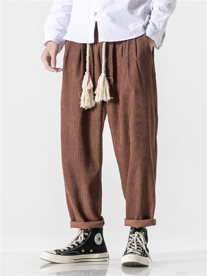 Casual Elastic Waisted Pants with Retro Rope Belt