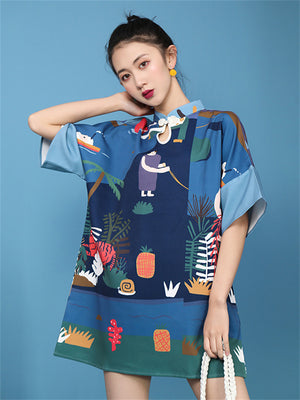 Cheongsam Collar Loose Printed Short Dress