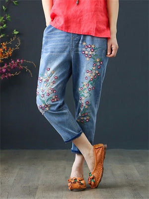 Casual High-waist Loose Embroidery Jeans